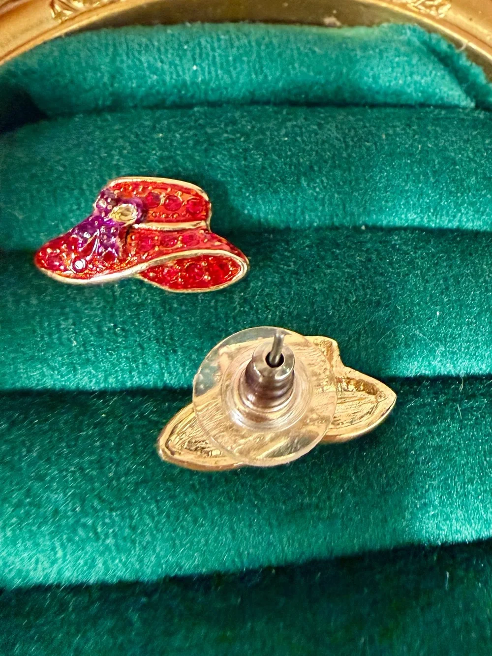 Avon Red Hat Earrings with Purple Bow Accents